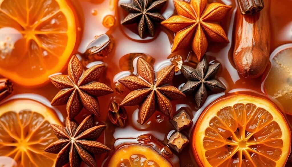 Création d'une image représentant un mélange de rhum ambré avec des épices et des fruits. Création d'une image représentant un mélange de rhum ambré avec des épices et des fruits.