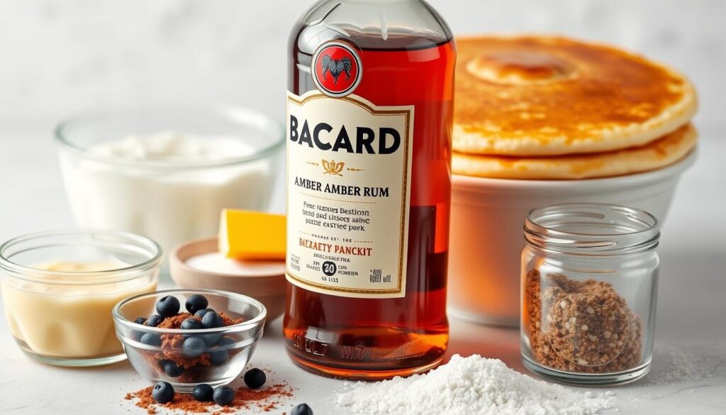 Générez une image de la bouteille de rhum Bacardi ambré avec des ingrédients pour crêpes. Générez une image de la bouteille de rhum Bacardi ambré avec des ingrédients pour crêpes.