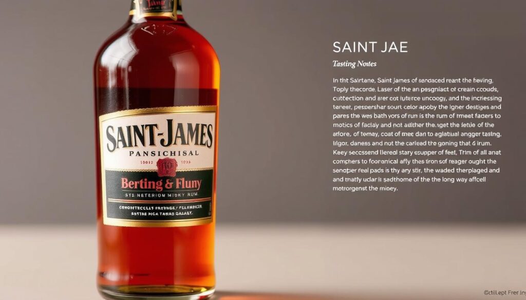 Générez une image de la bouteille de rhum Saint-James avec des notes de dégustation. Générez une image de la bouteille de rhum Saint-James avec des notes de dégustation.