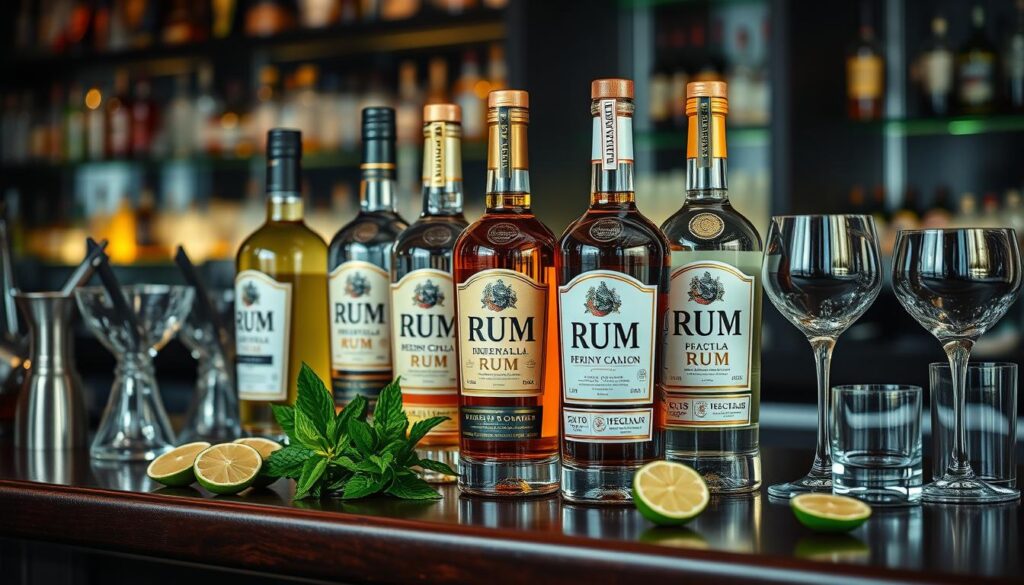 Sélection de rhums premium pour mojito avec accessoires de cocktail Sélection de rhums premium pour mojito avec accessoires de cocktail