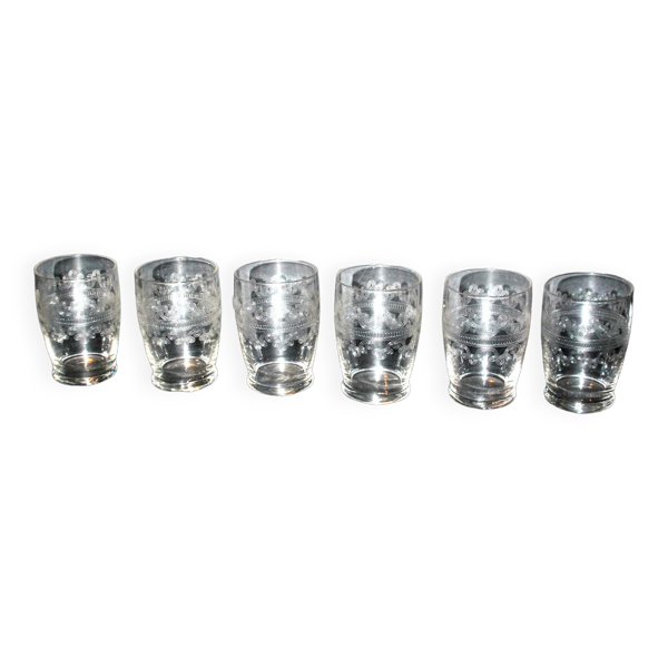 ART Lot de 6 verres à alcools en cristal gravé à l’acide en pantogravure 8cm, Baccarat transparent 6x6x8