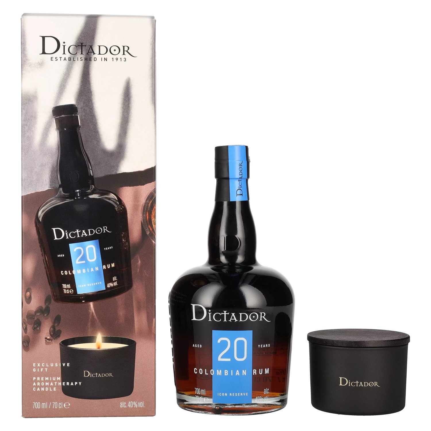 Rhum Dictador Dictador 20 Years Old ICON RESERVE Colombian Rum 40% Vol. 0,7l en boîte cadeau avec Kerze