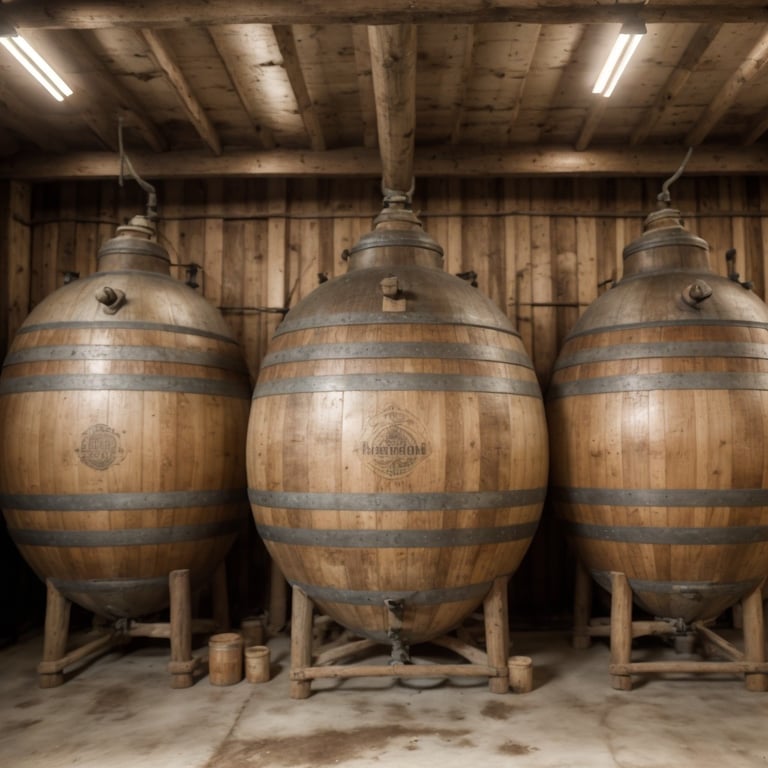 Avec quoi est fait le rhum ? 1 Trois grandes cuves en bois pour fermentation ou stockage dans une cave.