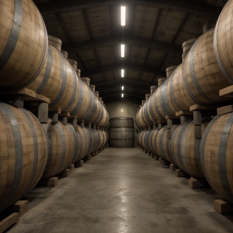 Avec quoi est fait le rhum ? 2 Allée centrale entre deux rangées de grands fûts de chêne dans une cave d'affinage.